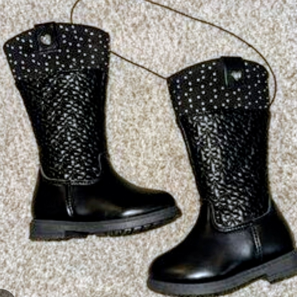 Bebe Black Textured Boots with Heart Polka Dot Trim